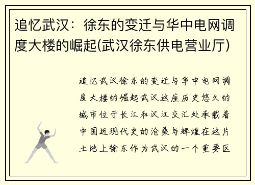 追忆武汉：徐东的变迁与华中电网调度大楼的崛起(武汉徐东供电营业厅)