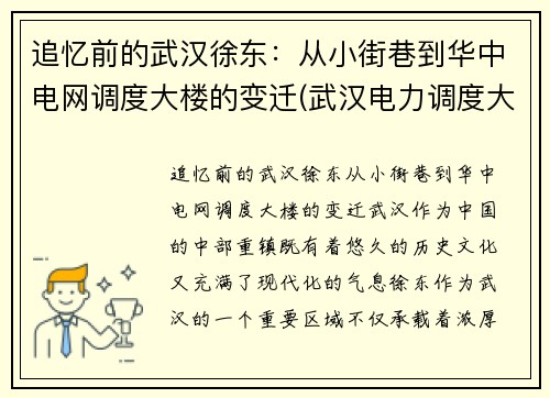 追忆前的武汉徐东：从小街巷到华中电网调度大楼的变迁(武汉电力调度大楼)
