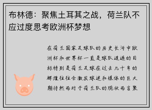 布林德：聚焦土耳其之战，荷兰队不应过度思考欧洲杯梦想