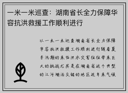 一米一米巡查：湖南省长全力保障华容抗洪救援工作顺利进行