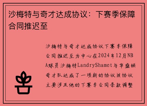 沙梅特与奇才达成协议：下赛季保障合同推迟至