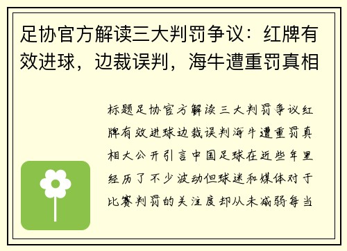 足协官方解读三大判罚争议：红牌有效进球，边裁误判，海牛遭重罚真相大公开